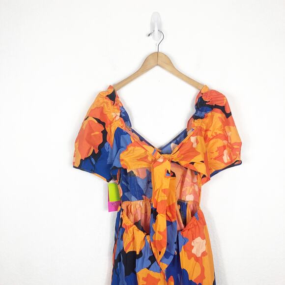 NWT Tabitha Brown Floral Print Puff-Sleeve Tie-Back Midi Dress Size 10 Cut Out - Picture 11 of 13